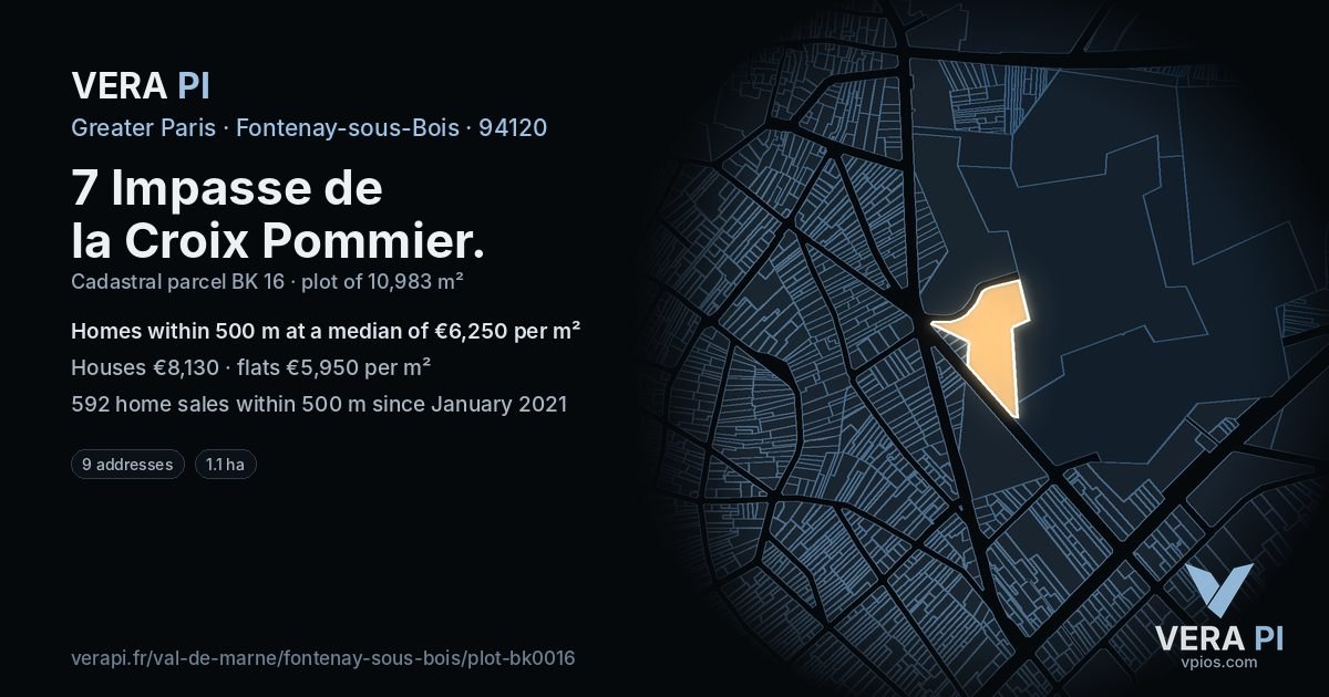 7 Impasse de la Croix Pommier, Fontenay-sous-Bois at night – the plot lit, the parcels around coloured by the prices near them