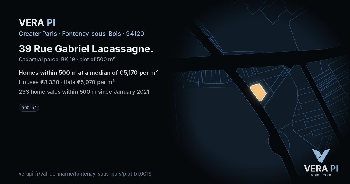 39 Rue Gabriel Lacassagne, Fontenay-sous-Bois at night – the plot lit, the parcels around coloured by the prices near them