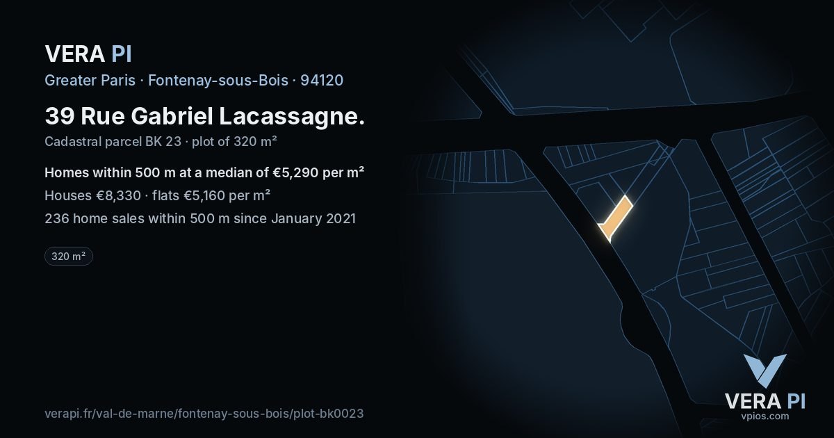 39 Rue Gabriel Lacassagne, Fontenay-sous-Bois at night – the plot lit, the parcels around coloured by the prices near them