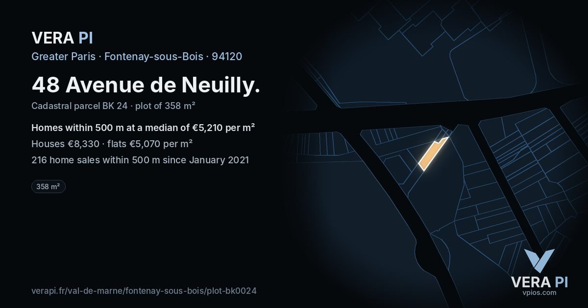 48 Avenue de Neuilly, Fontenay-sous-Bois at night – the plot lit, the parcels around coloured by the prices near them