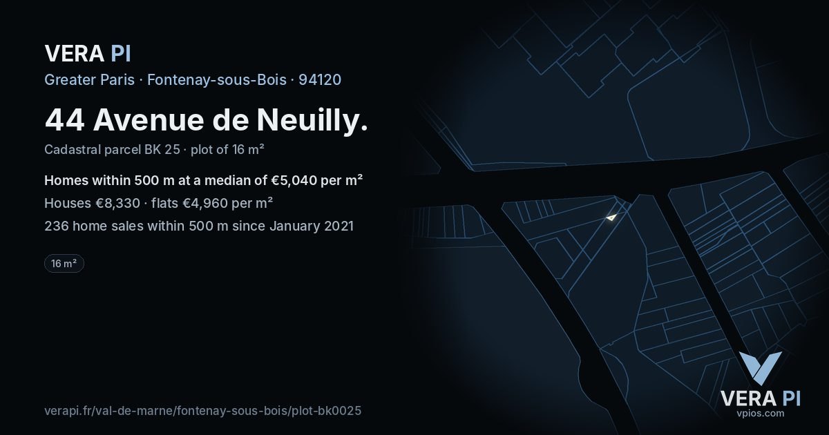 44 Avenue de Neuilly, Fontenay-sous-Bois at night – the plot lit, the parcels around coloured by the prices near them