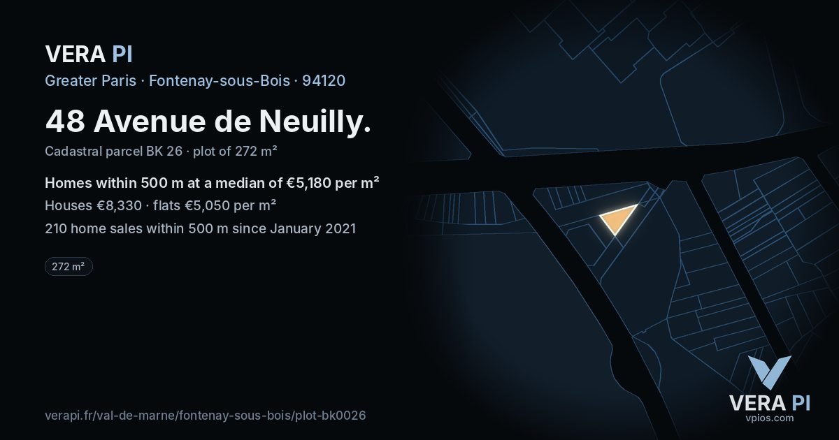 48 Avenue de Neuilly, Fontenay-sous-Bois at night – the plot lit, the parcels around coloured by the prices near them
