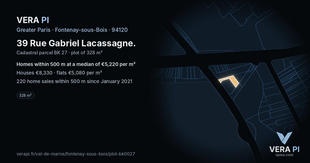 39 Rue Gabriel Lacassagne, Fontenay-sous-Bois at night – the plot lit, the parcels around coloured by the prices near them