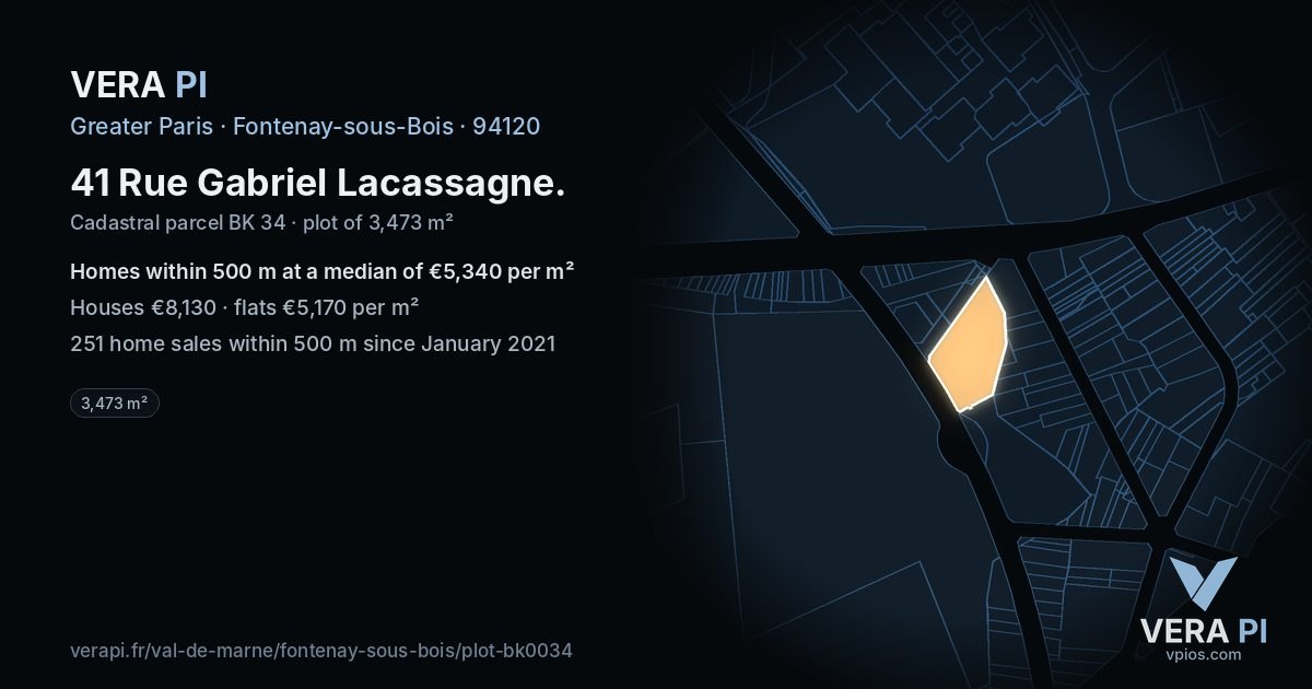 41 Rue Gabriel Lacassagne, Fontenay-sous-Bois at night – the plot lit, the parcels around coloured by the prices near them