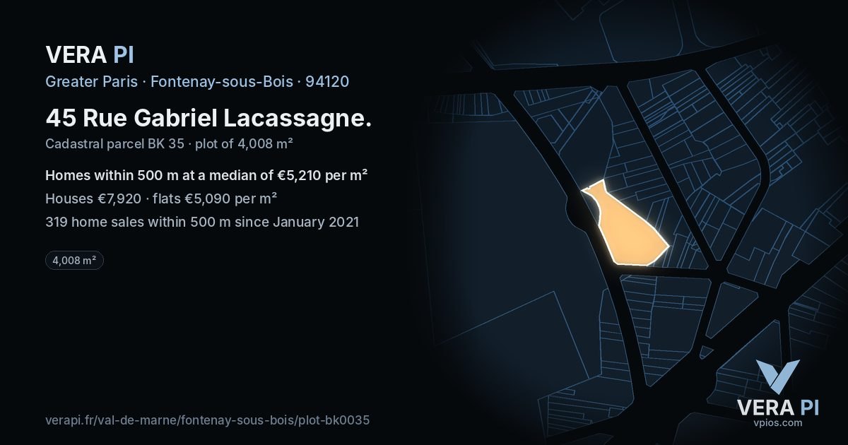 45 Rue Gabriel Lacassagne, Fontenay-sous-Bois at night – the plot lit, the parcels around coloured by the prices near them