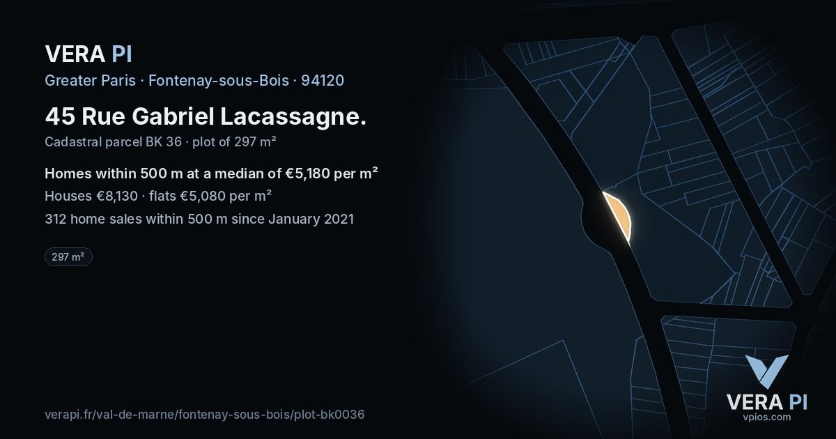 45 Rue Gabriel Lacassagne, Fontenay-sous-Bois at night – the plot lit, the parcels around coloured by the prices near them