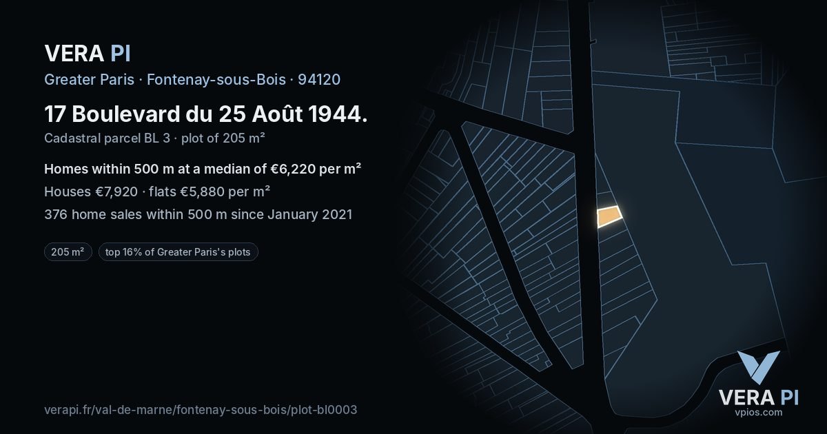 17 Boulevard du 25 Août 1944, Fontenay-sous-Bois at night – the plot lit, the parcels around coloured by the prices near them