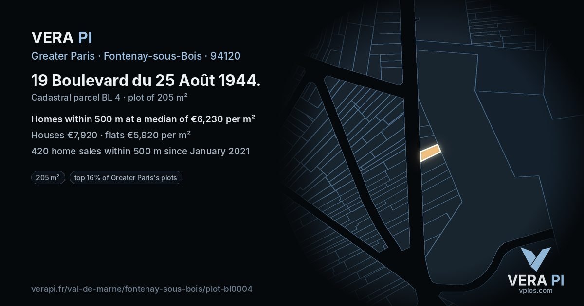 19 Boulevard du 25 Août 1944, Fontenay-sous-Bois at night – the plot lit, the parcels around coloured by the prices near them