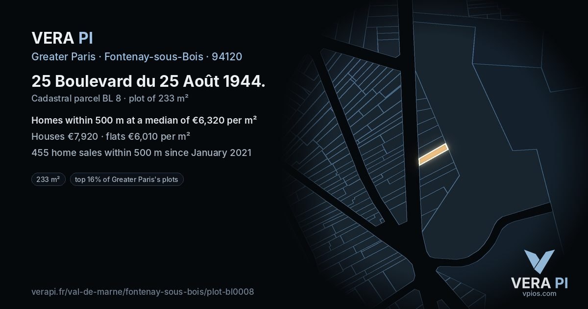 25 Boulevard du 25 Août 1944, Fontenay-sous-Bois at night – the plot lit, the parcels around coloured by the prices near them