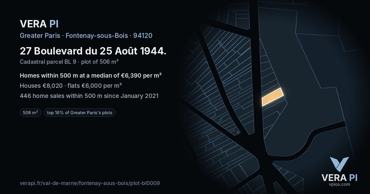 27 Boulevard du 25 Août 1944, Fontenay-sous-Bois at night – the plot lit, the parcels around coloured by the prices near them