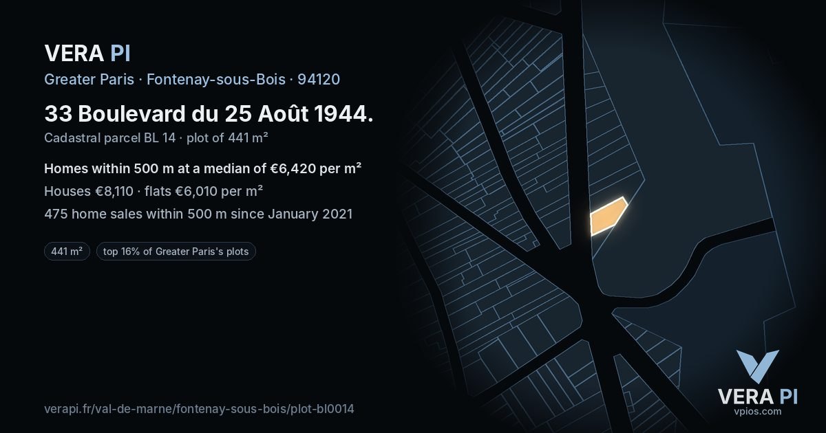 33 Boulevard du 25 Août 1944, Fontenay-sous-Bois at night – the plot lit, the parcels around coloured by the prices near them