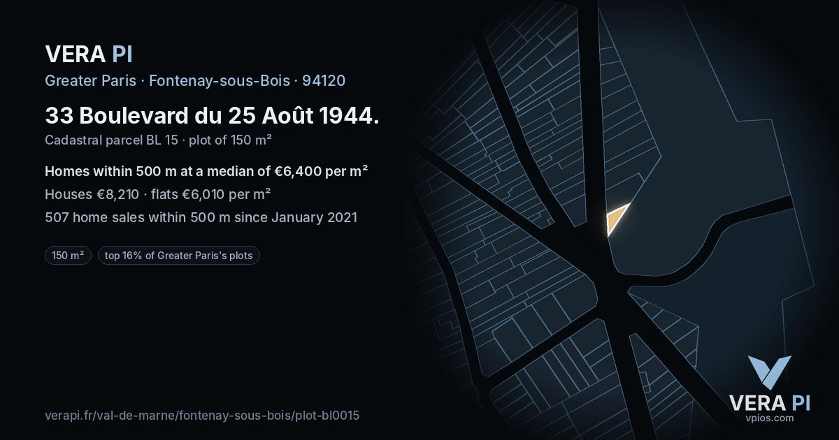 33 Boulevard du 25 Août 1944, Fontenay-sous-Bois at night – the plot lit, the parcels around coloured by the prices near them