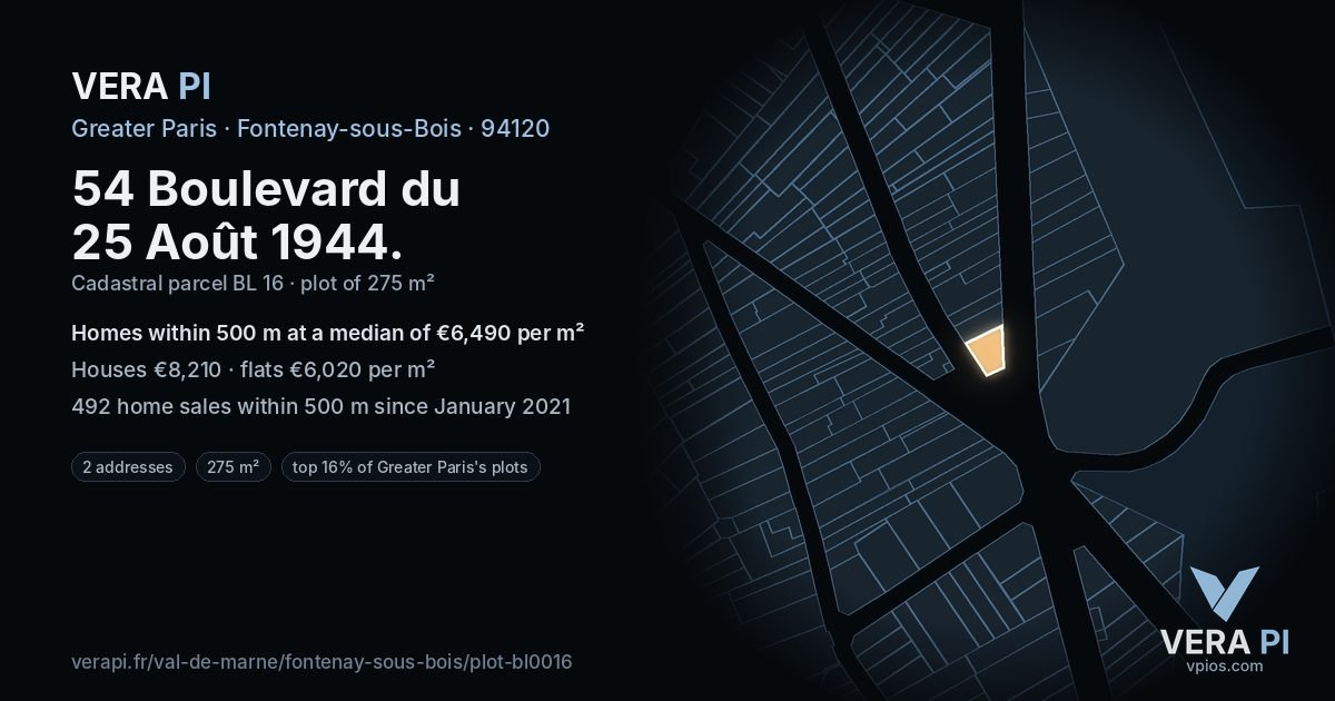 54 Boulevard du 25 Août 1944, Fontenay-sous-Bois at night – the plot lit, the parcels around coloured by the prices near them
