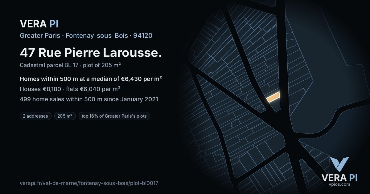 47 Rue Pierre Larousse, Fontenay-sous-Bois at night – the plot lit, the parcels around coloured by the prices near them