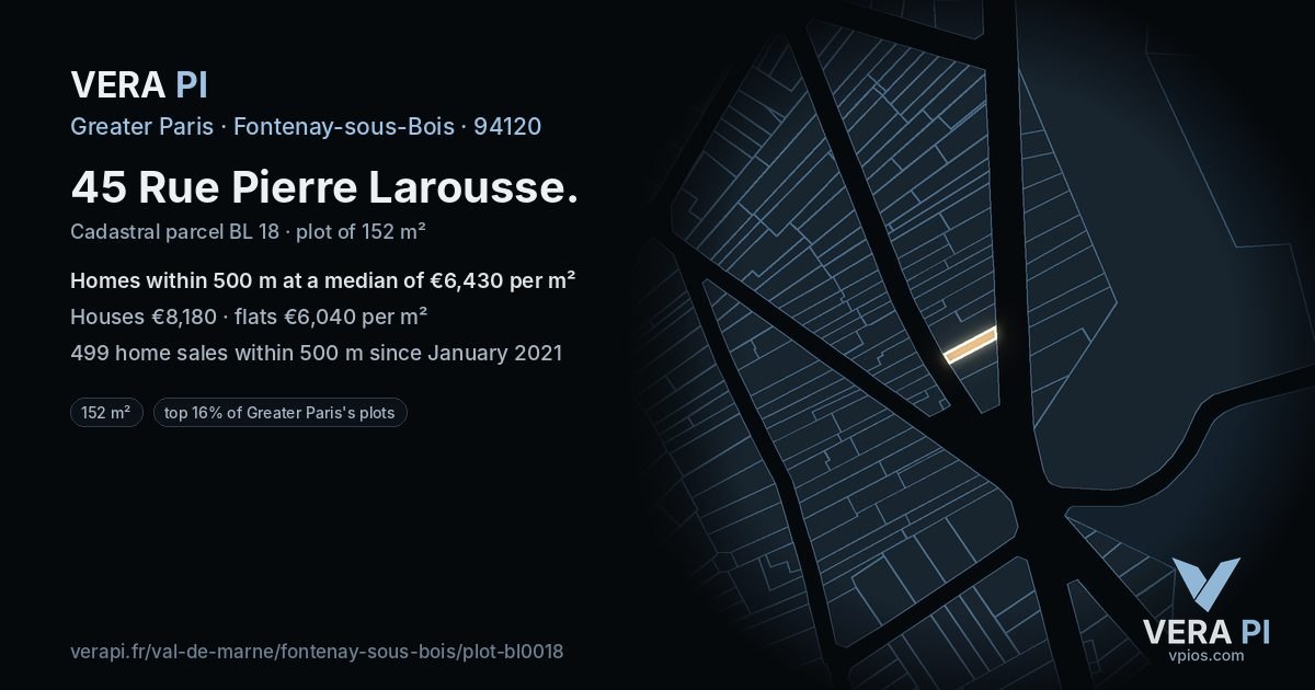 45 Rue Pierre Larousse, Fontenay-sous-Bois at night – the plot lit, the parcels around coloured by the prices near them