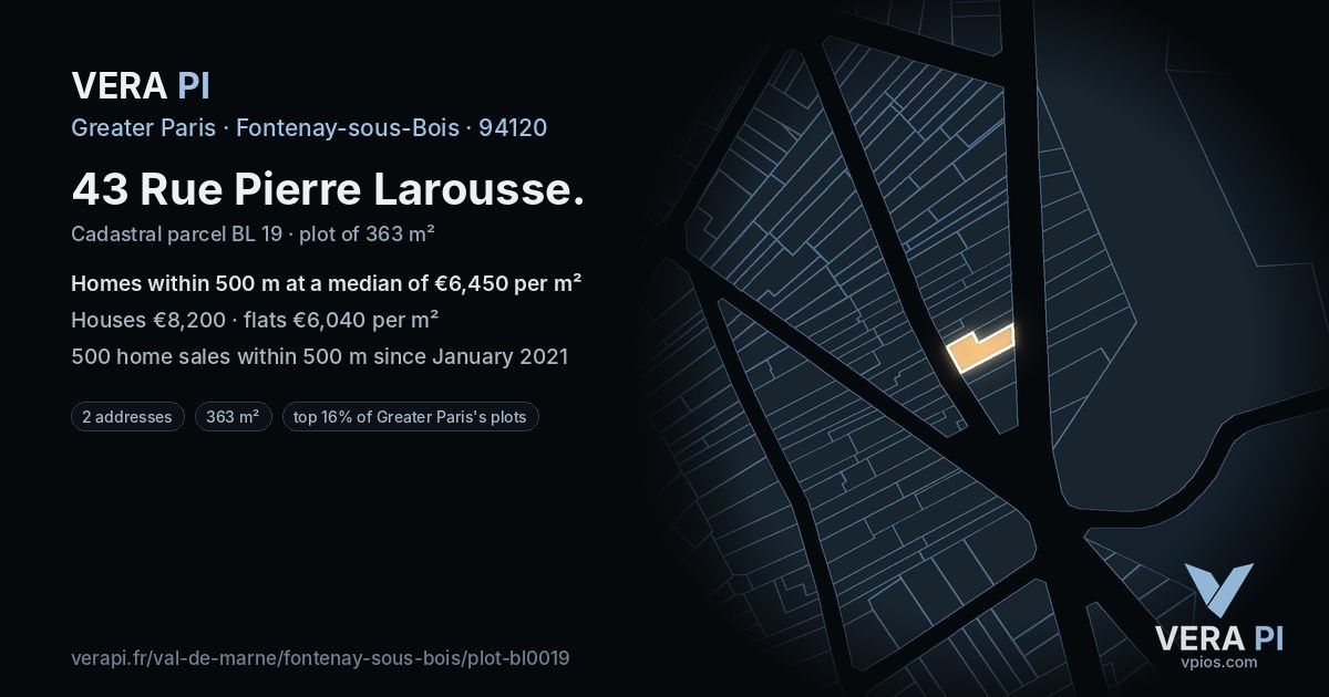43 Rue Pierre Larousse, Fontenay-sous-Bois at night – the plot lit, the parcels around coloured by the prices near them