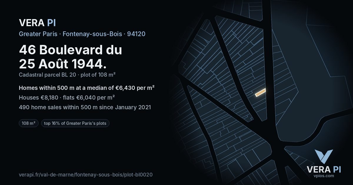 46 Boulevard du 25 Août 1944, Fontenay-sous-Bois at night – the plot lit, the parcels around coloured by the prices near them