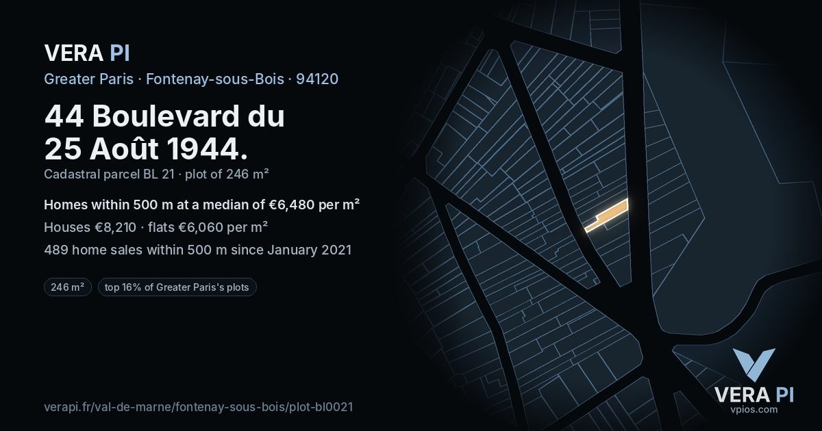 44 Boulevard du 25 Août 1944, Fontenay-sous-Bois at night – the plot lit, the parcels around coloured by the prices near them