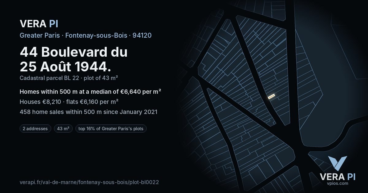 44 Boulevard du 25 Août 1944, Fontenay-sous-Bois at night – the plot lit, the parcels around coloured by the prices near them