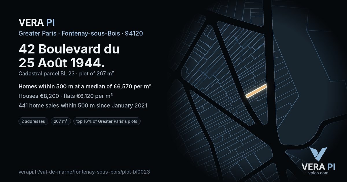 42 Boulevard du 25 Août 1944, Fontenay-sous-Bois at night – the plot lit, the parcels around coloured by the prices near them