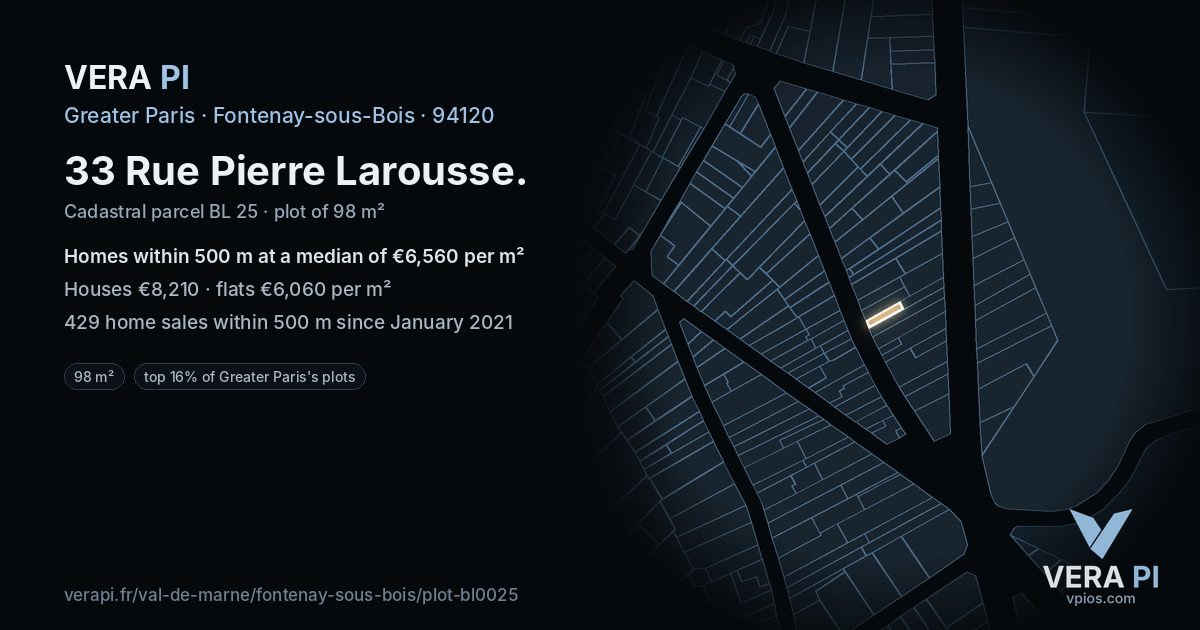 33 Rue Pierre Larousse, Fontenay-sous-Bois at night – the plot lit, the parcels around coloured by the prices near them