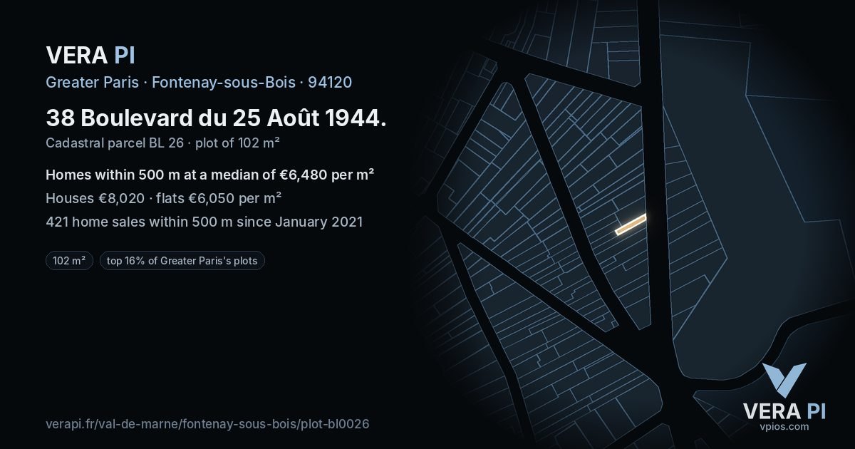 38 Boulevard du 25 Août 1944, Fontenay-sous-Bois at night – the plot lit, the parcels around coloured by the prices near them