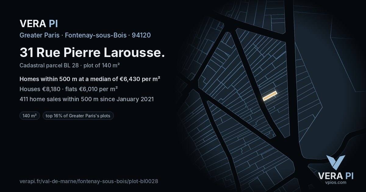 31 Rue Pierre Larousse, Fontenay-sous-Bois at night – the plot lit, the parcels around coloured by the prices near them