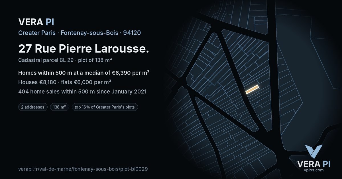 27 Rue Pierre Larousse, Fontenay-sous-Bois at night – the plot lit, the parcels around coloured by the prices near them