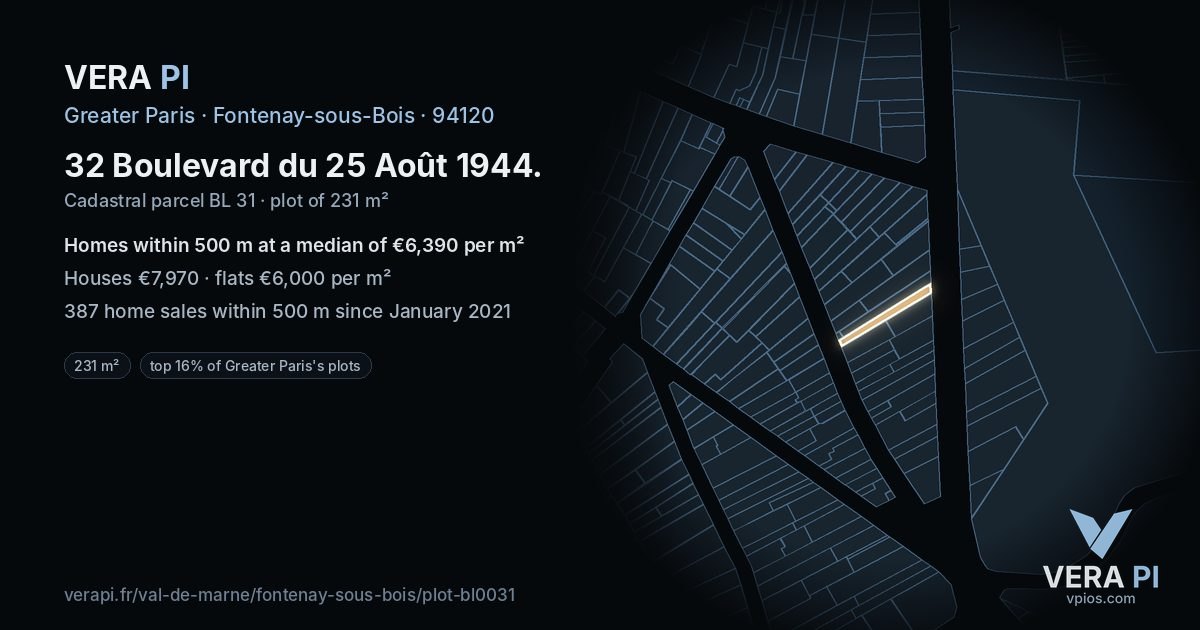32 Boulevard du 25 Août 1944, Fontenay-sous-Bois at night – the plot lit, the parcels around coloured by the prices near them