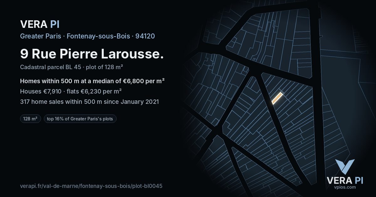 9 Rue Pierre Larousse, Fontenay-sous-Bois at night – the plot lit, the parcels around coloured by the prices near them