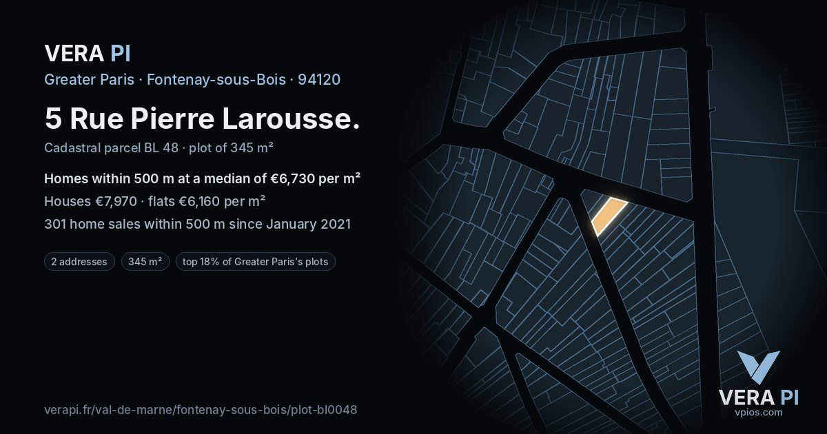 5 Rue Pierre Larousse, Fontenay-sous-Bois at night – the plot lit, the parcels around coloured by the prices near them