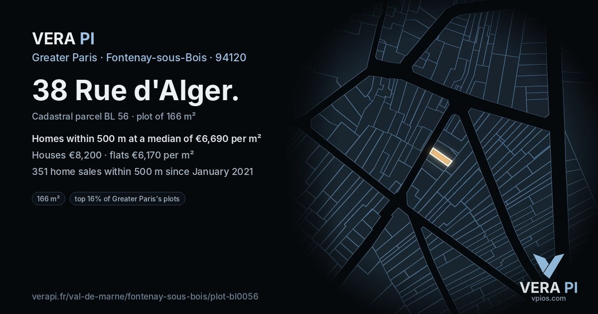 38 Rue d'Alger, Fontenay-sous-Bois at night – the plot lit, the parcels around coloured by the prices near them