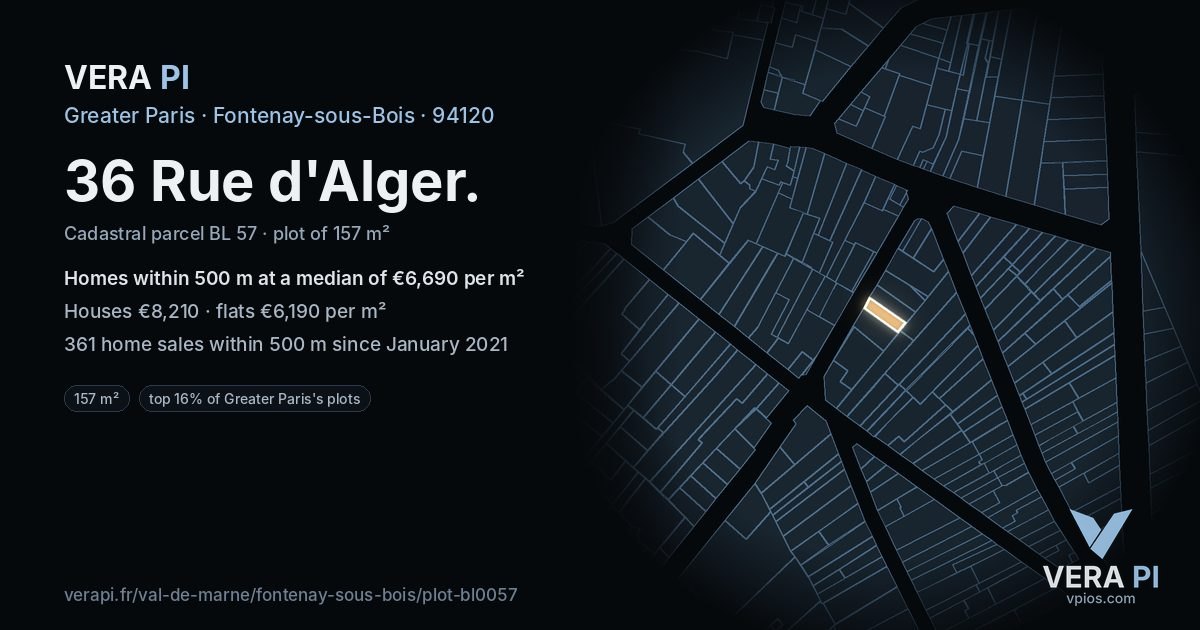 36 Rue d'Alger, Fontenay-sous-Bois at night – the plot lit, the parcels around coloured by the prices near them