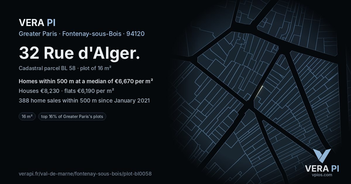 32 Rue d'Alger, Fontenay-sous-Bois at night – the plot lit, the parcels around coloured by the prices near them