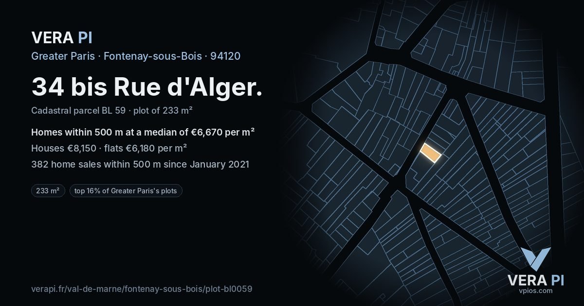 34 bis Rue d'Alger, Fontenay-sous-Bois at night – the plot lit, the parcels around coloured by the prices near them