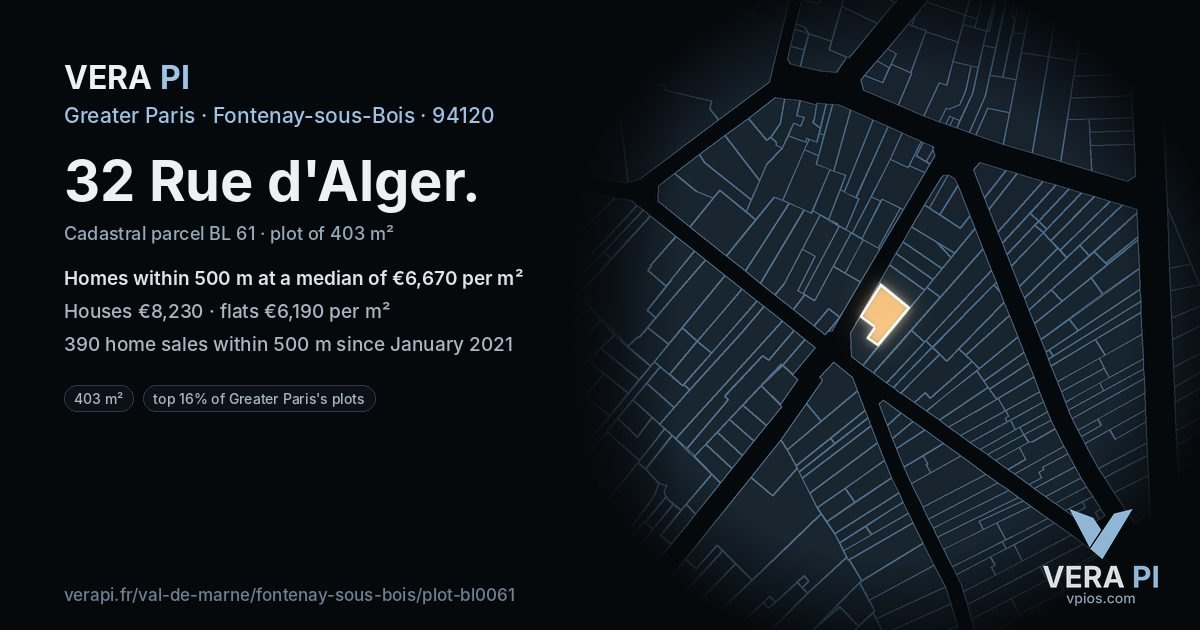 32 Rue d'Alger, Fontenay-sous-Bois at night – the plot lit, the parcels around coloured by the prices near them
