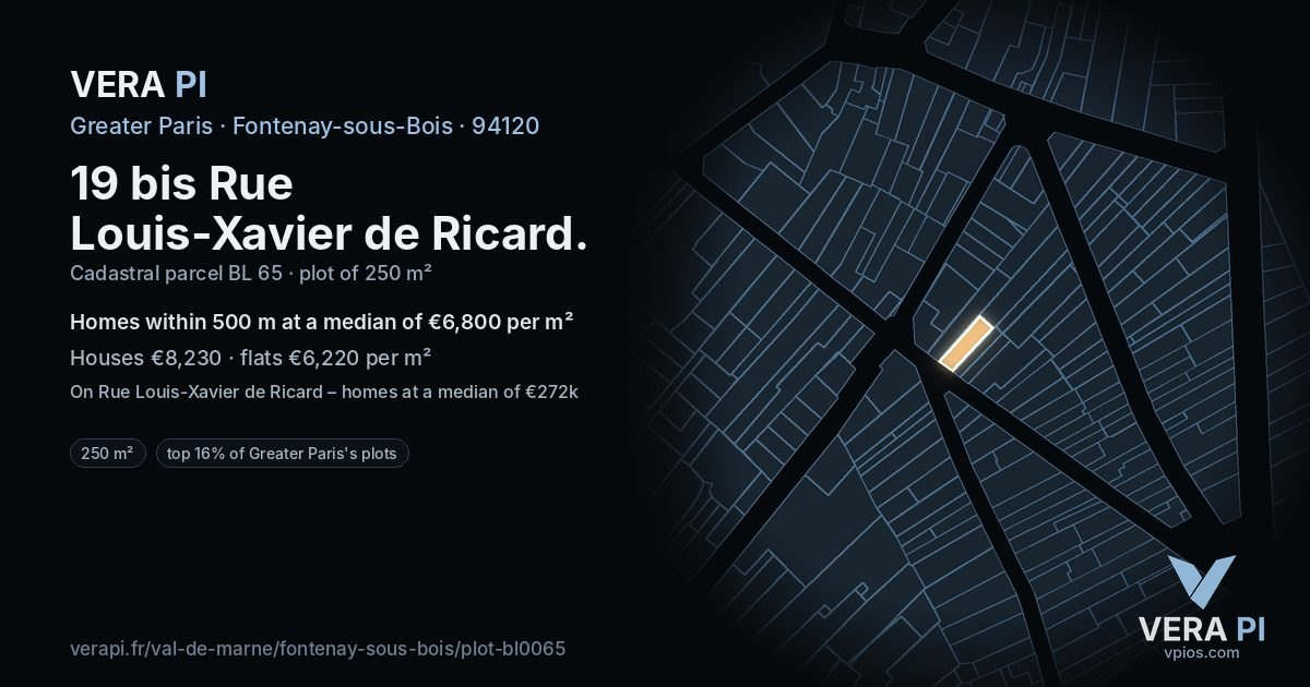 19 bis Rue Louis-Xavier de Ricard, Fontenay-sous-Bois at night – the plot lit, the parcels around coloured by the prices near them