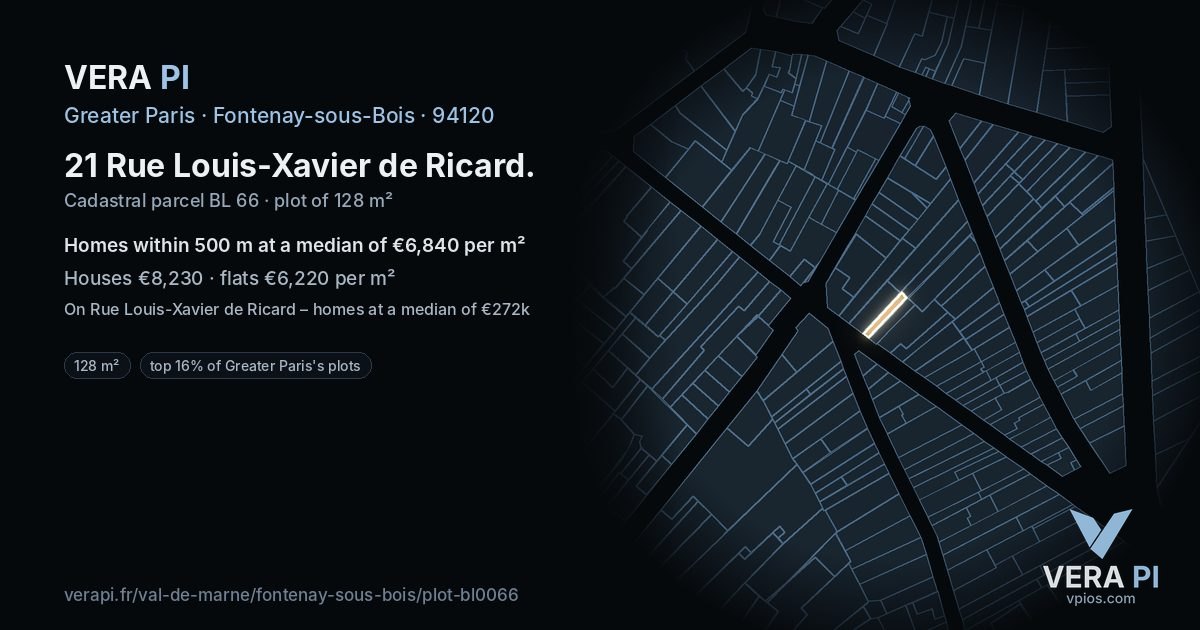 21 Rue Louis-Xavier de Ricard, Fontenay-sous-Bois at night – the plot lit, the parcels around coloured by the prices near them