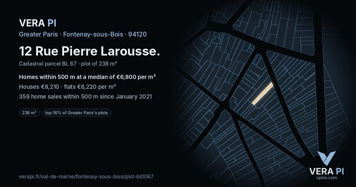 12 Rue Pierre Larousse, Fontenay-sous-Bois at night – the plot lit, the parcels around coloured by the prices near them