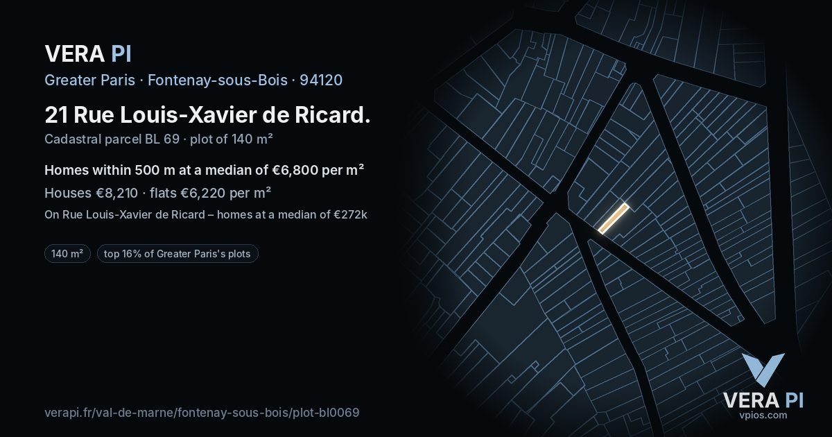 21 Rue Louis-Xavier de Ricard, Fontenay-sous-Bois at night – the plot lit, the parcels around coloured by the prices near them