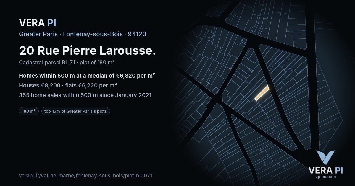 20 Rue Pierre Larousse, Fontenay-sous-Bois at night – the plot lit, the parcels around coloured by the prices near them