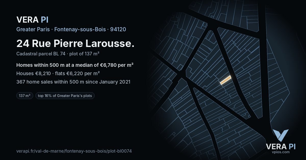 24 Rue Pierre Larousse, Fontenay-sous-Bois at night – the plot lit, the parcels around coloured by the prices near them