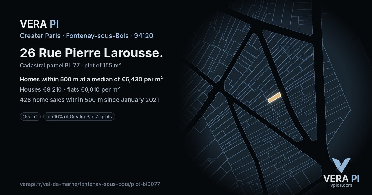 26 Rue Pierre Larousse, Fontenay-sous-Bois at night – the plot lit, the parcels around coloured by the prices near them