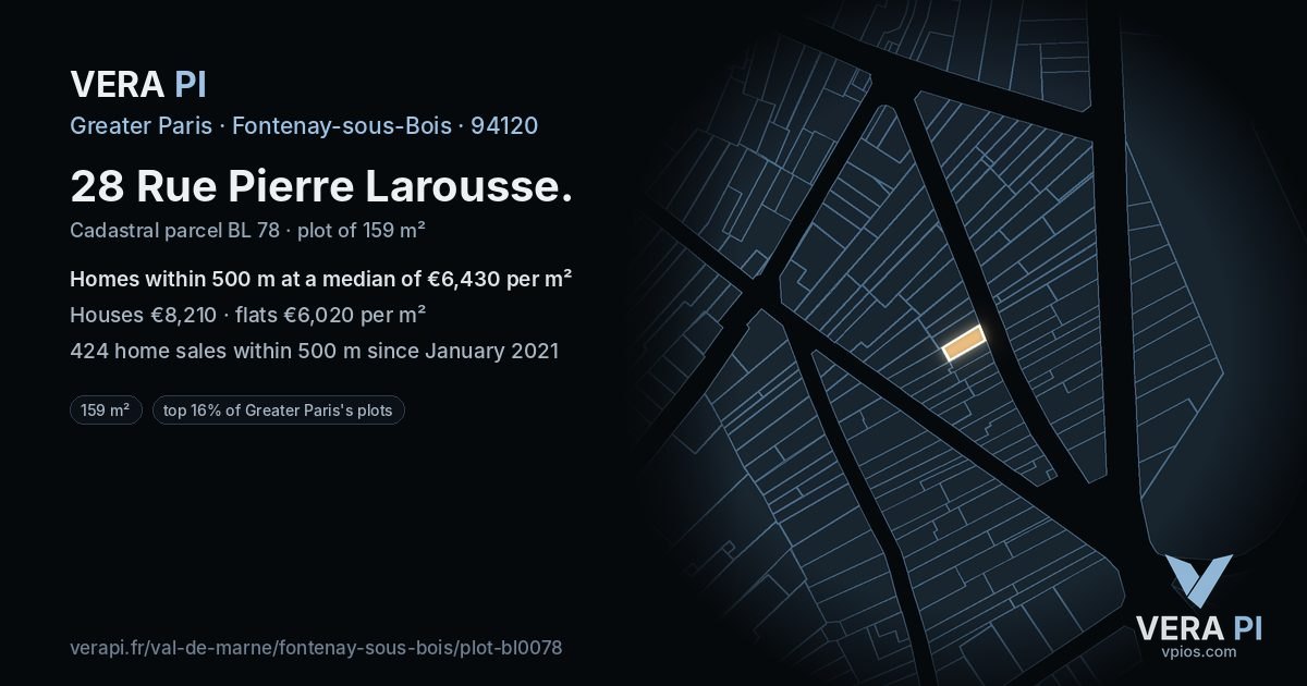 28 Rue Pierre Larousse, Fontenay-sous-Bois at night – the plot lit, the parcels around coloured by the prices near them