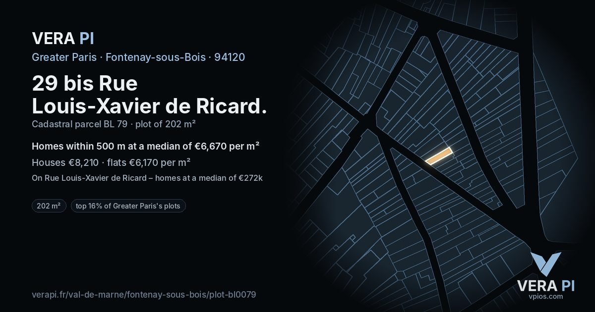 29 bis Rue Louis-Xavier de Ricard, Fontenay-sous-Bois at night – the plot lit, the parcels around coloured by the prices near them