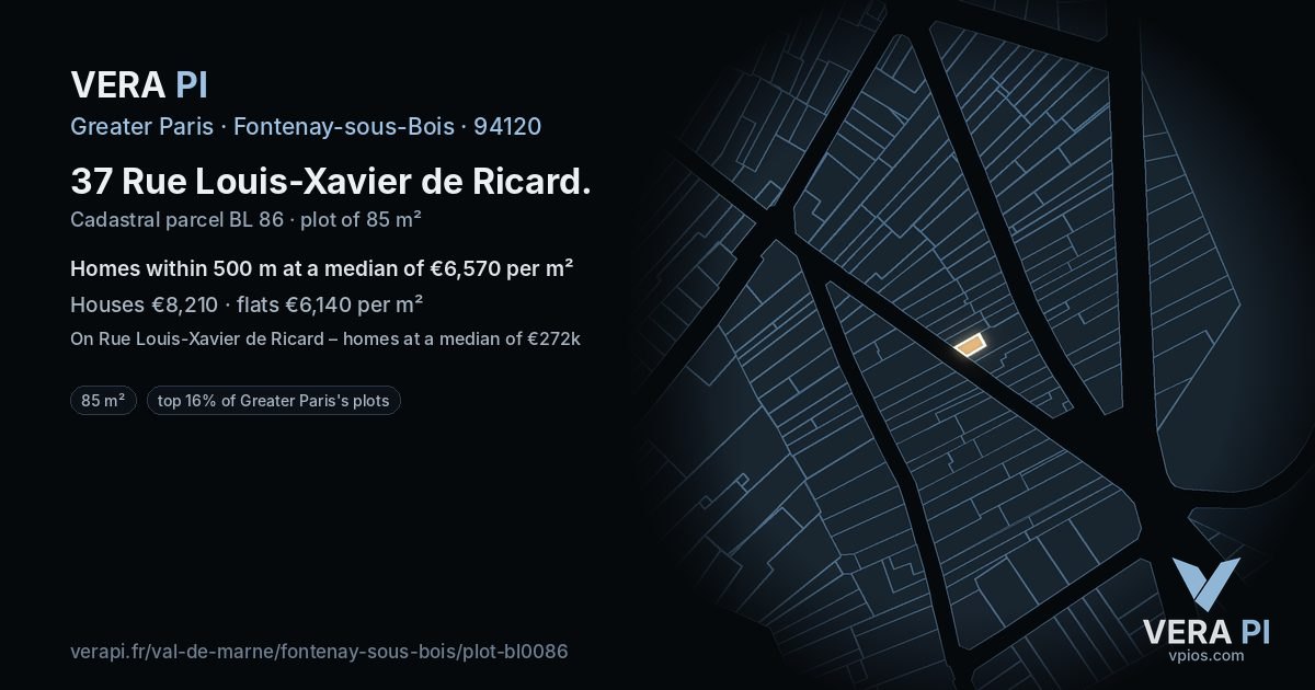 37 Rue Louis-Xavier de Ricard, Fontenay-sous-Bois at night – the plot lit, the parcels around coloured by the prices near them