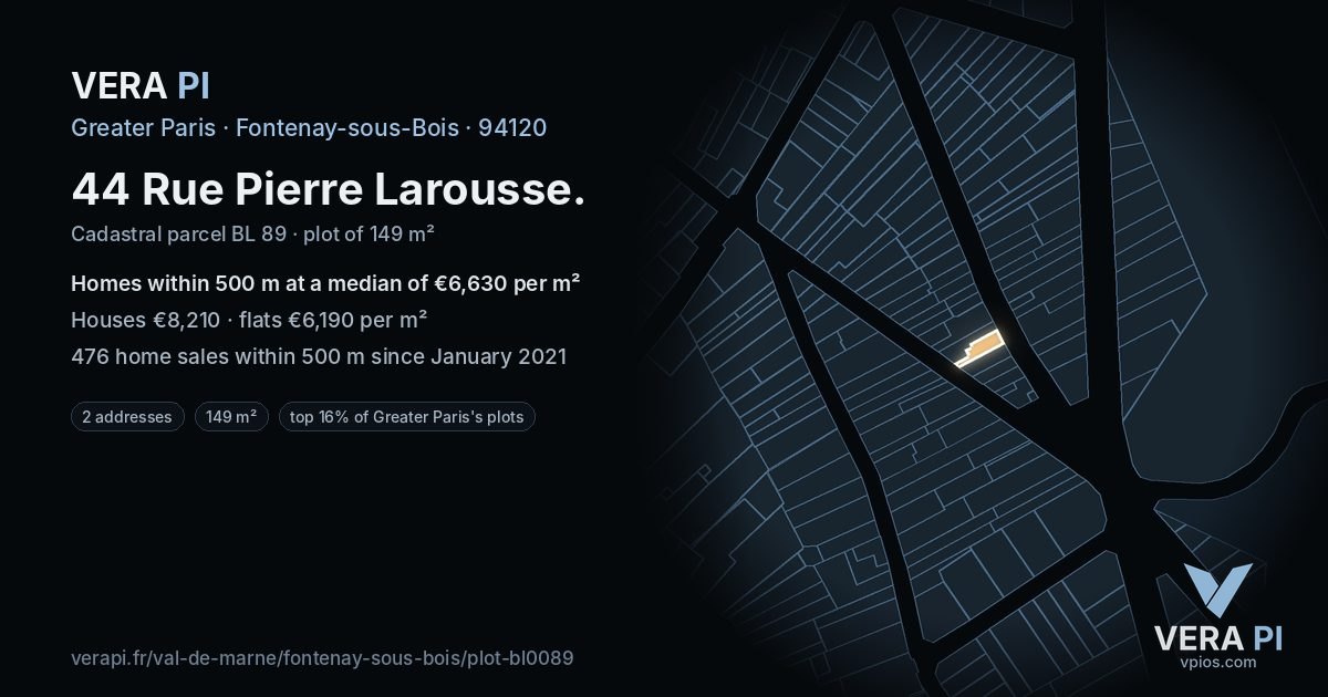 44 Rue Pierre Larousse, Fontenay-sous-Bois at night – the plot lit, the parcels around coloured by the prices near them
