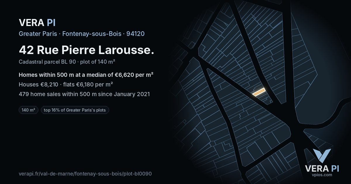 42 Rue Pierre Larousse, Fontenay-sous-Bois at night – the plot lit, the parcels around coloured by the prices near them