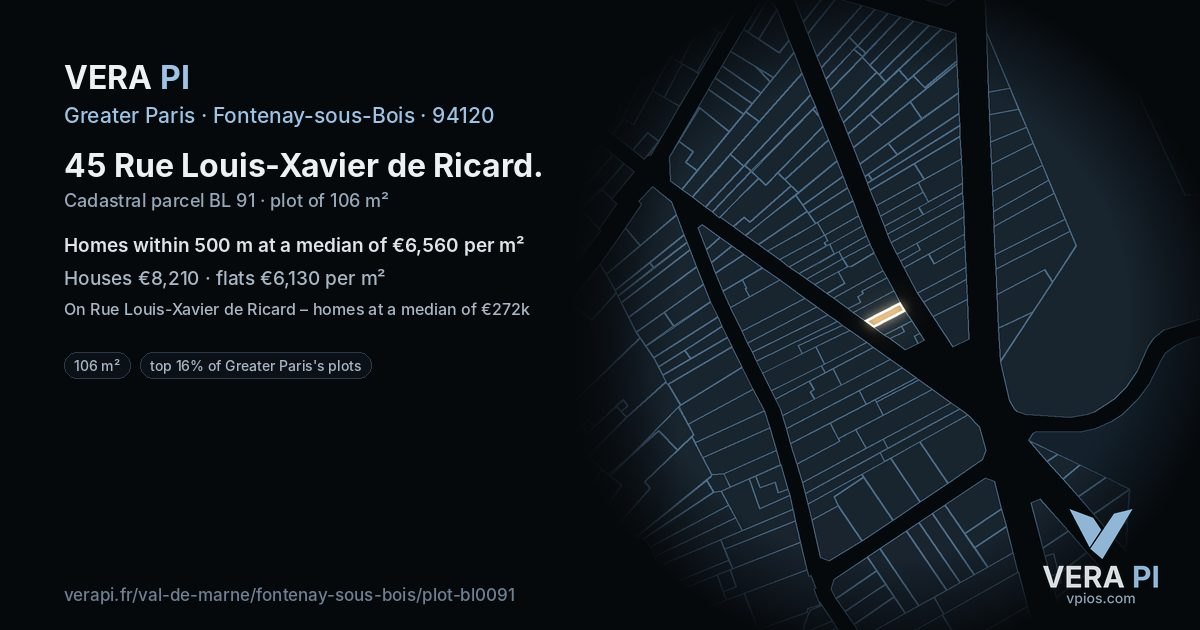 45 Rue Louis-Xavier de Ricard, Fontenay-sous-Bois at night – the plot lit, the parcels around coloured by the prices near them