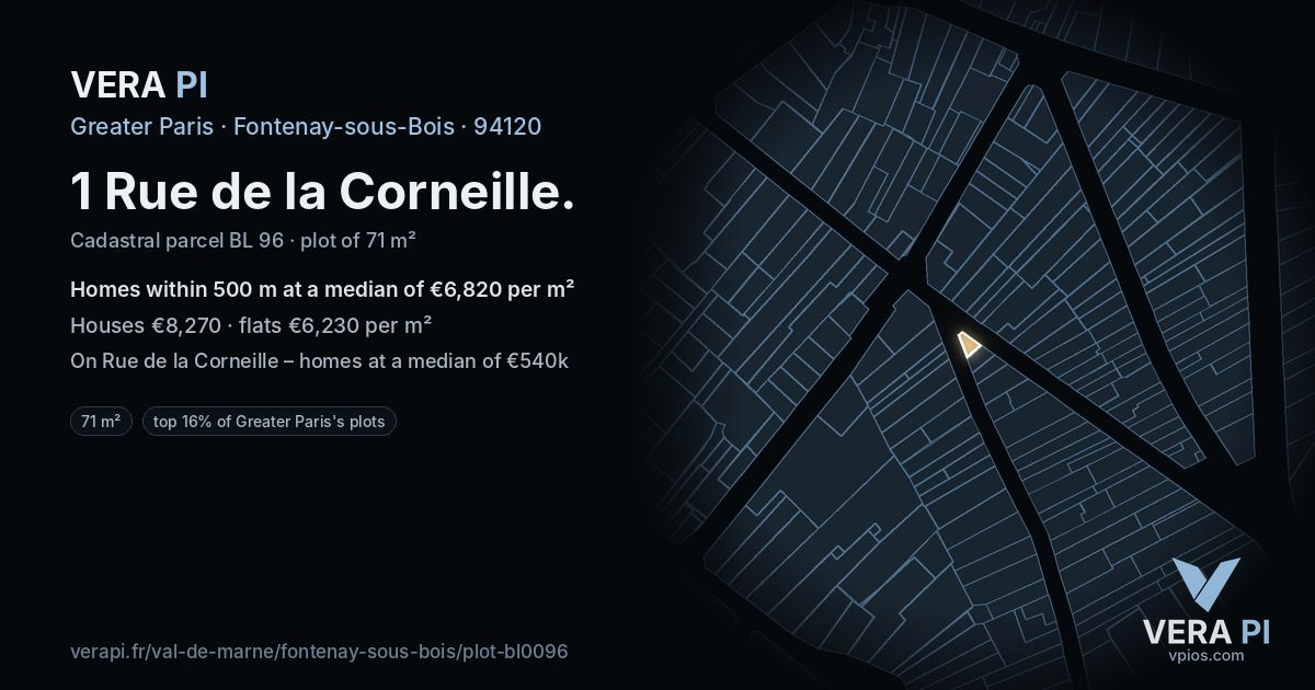 1 Rue de la Corneille, Fontenay-sous-Bois at night – the plot lit, the parcels around coloured by the prices near them